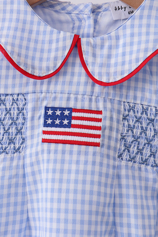 Blue flag smocked peter pan collar gingham bubble