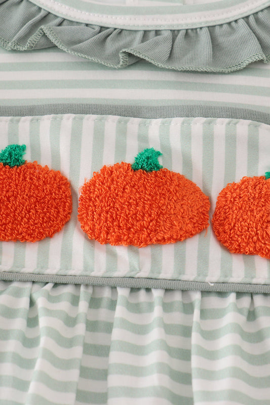 Sage stripe french knot ruffle dress