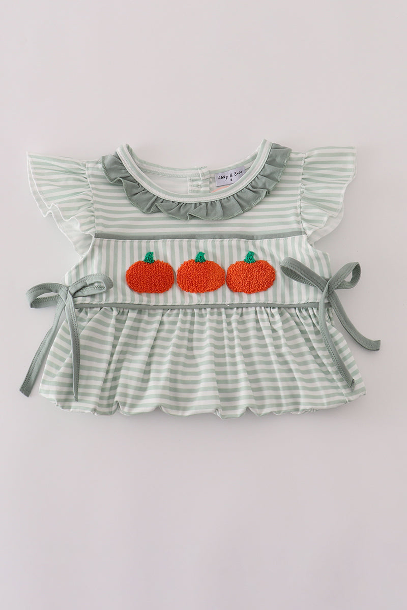 Sage stripe french knot ruffle dress