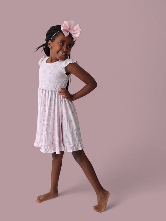 EXCLUSIVE DUCKS AND DAISIES DREAM CAP SLEEVE RUFFLE DRESS