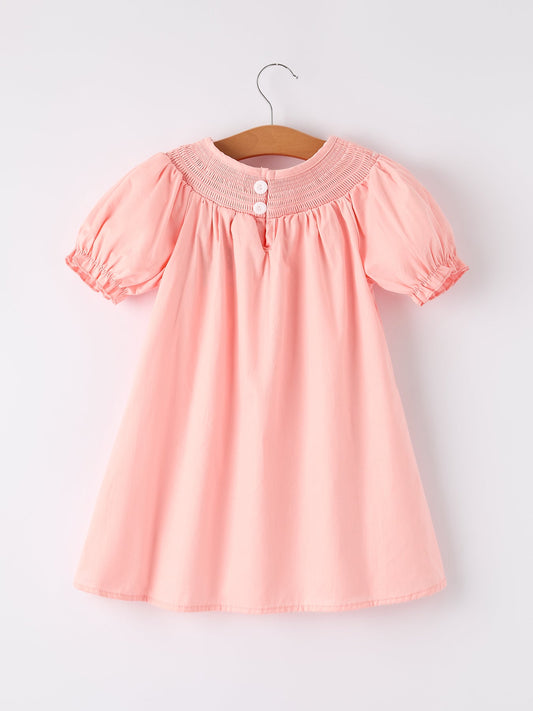 Girls Horse Smocking Embroidered Coral Dress