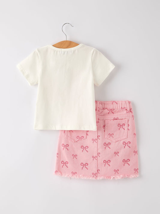 Faith T-shirt + Pink Bow Printed Denim Skirt