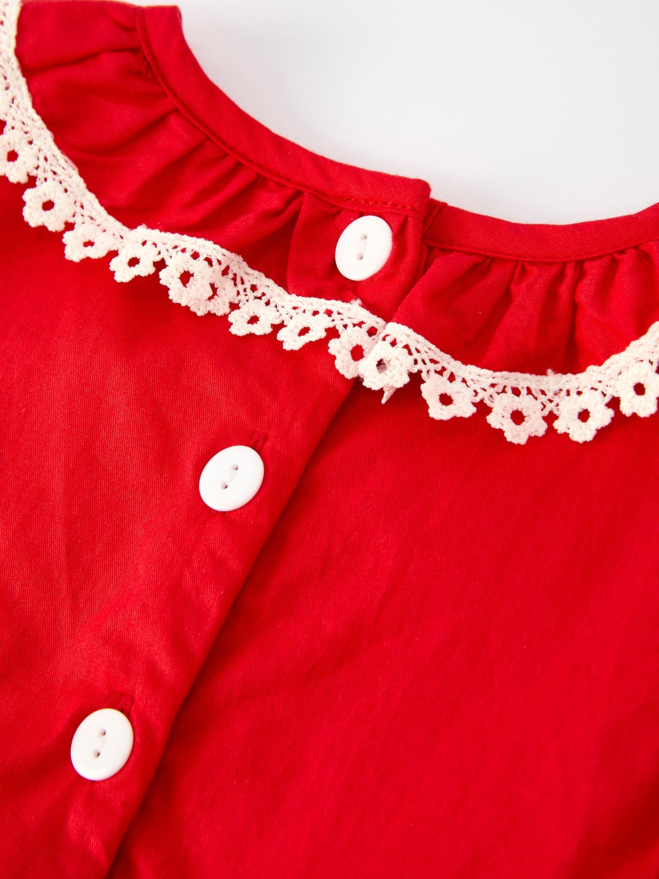 Red Girls Dress: Cross Embroidery with Lace Trim
