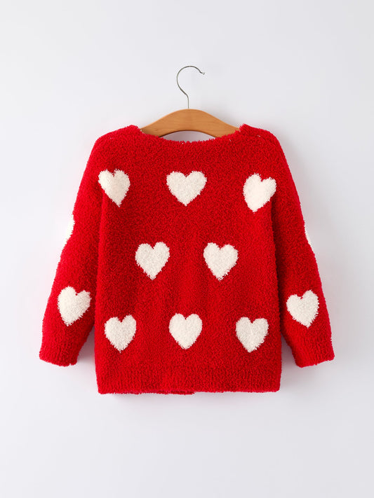 Valentine’s Day Girls Red Heart Pattern Fuzzy Knit Cardigan with Front Pockets