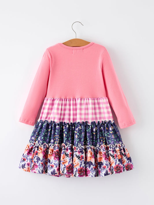 Pink Autumn Patchwork Floral & Plaid Long Sleeve Girls Dress