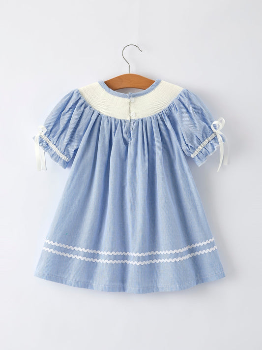 Girls Dress – Blue Striped Smocked Outfit with Short Sleeves
