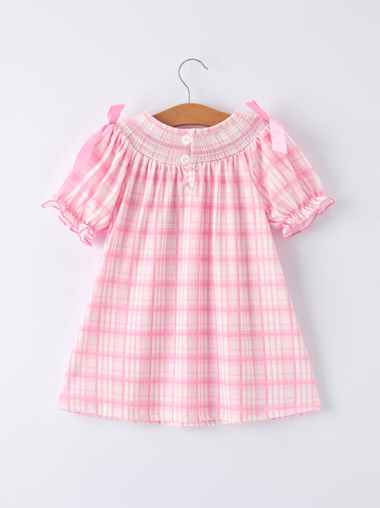 Valentine's Day Pink Plaid Smocked Heart Embroidery Girls Dress