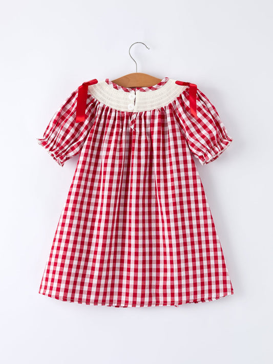 Valentine Red Plaid Dress with Smocked Heart Dog Detail and Bows