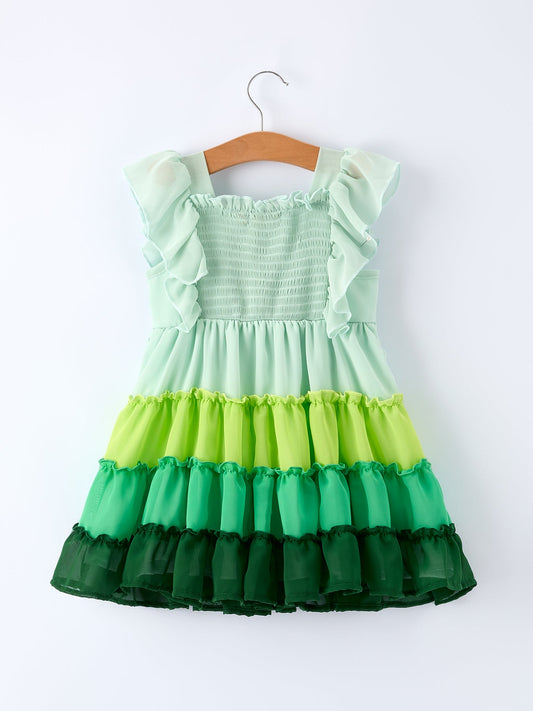 St. Patrick's Day Ombre Ruffle Dress for Girls – Green Gradient Layers
