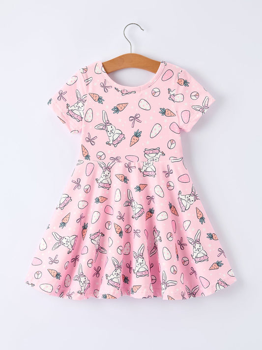 Pink Easter Bunny Carrot Print Girls Short Sleeve Dress