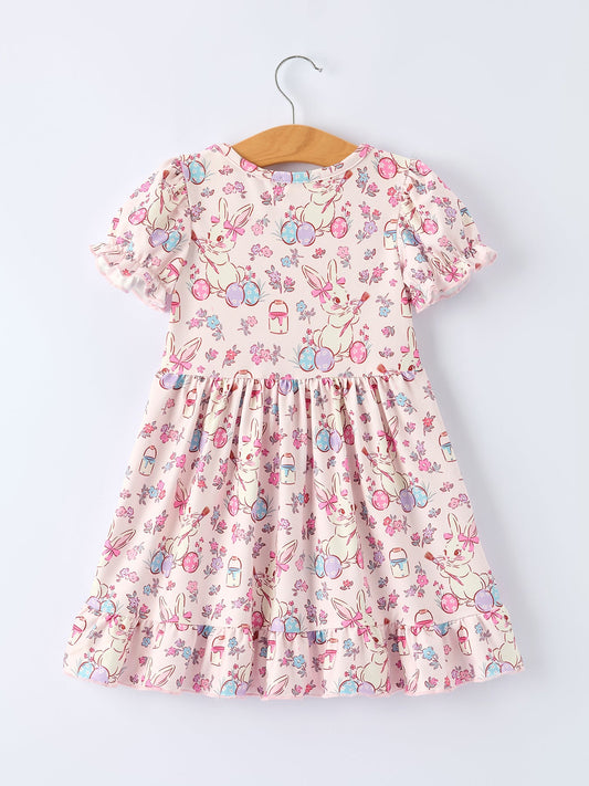 Easter Floral Bunny Girls Ruffle Hem Dress