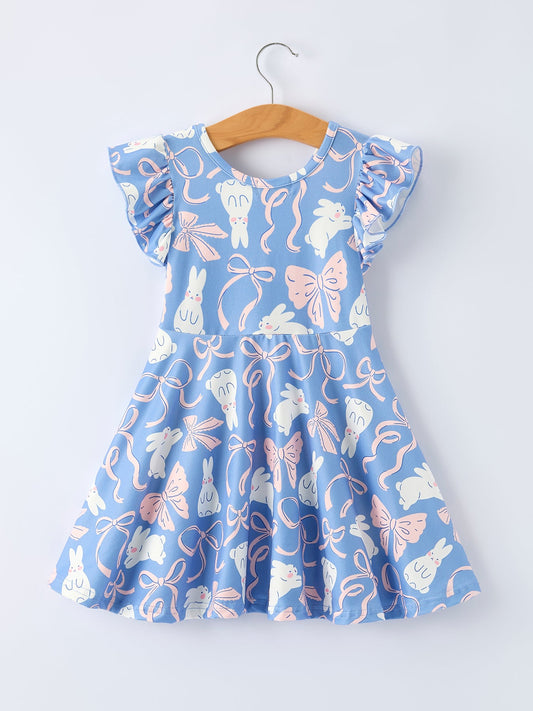Easter Bunny Bow Pastel Girls Ruffle Hem Dress