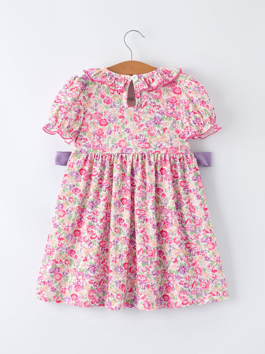 Easter Colorful Floral Bunny Embroidery Bow Ruffle Girl Dress