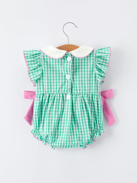 Pickle Ball Bow Ruffle Smocked Green Baby Girl Romper