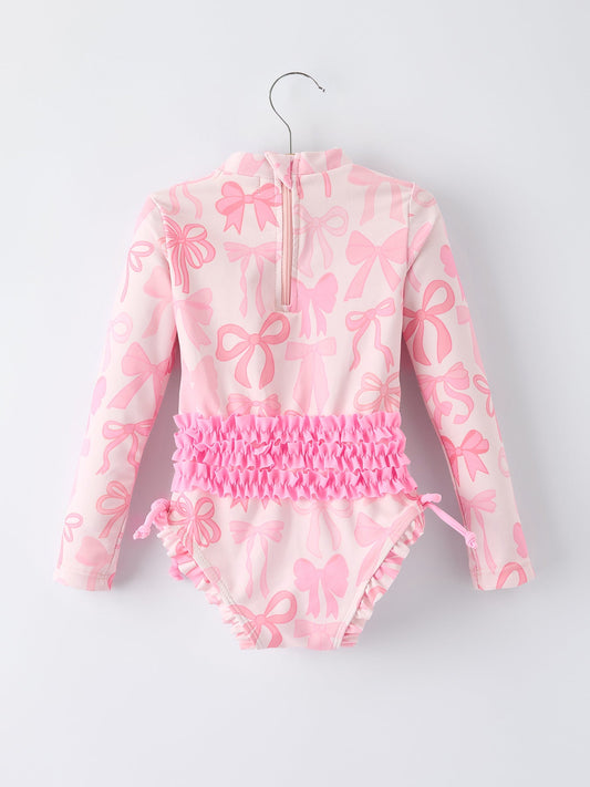 Summer Bow Print Girls Long Sleeve Ruffle One Piece Swimsuit