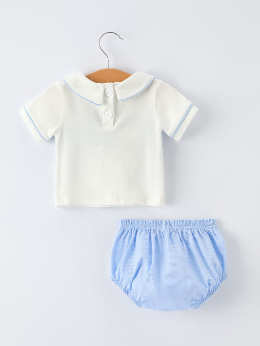 Blue Smocked Church Christ Bishop Christening Baby Boy Bloomer Set