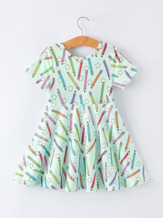 Back to School Pencil Print Girls Dress Short Sleeve