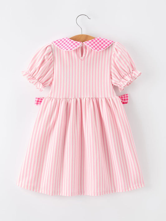Girls Back To School Pink Plaid Petals Collar Pencil Applique Dress