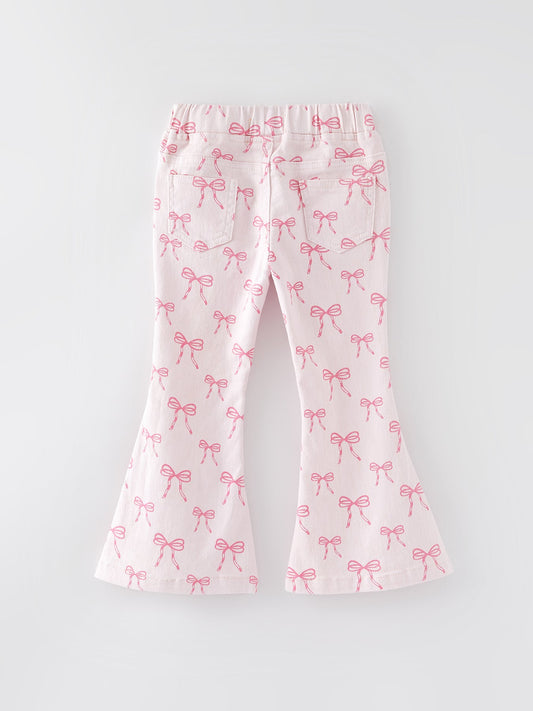 Girls Pink Bow Print Elastic Flared Jeans Denim pant