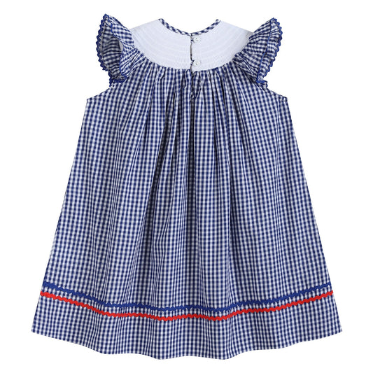 4th of July Royal Blue Gingham American Flag Smocked Bishop Dress