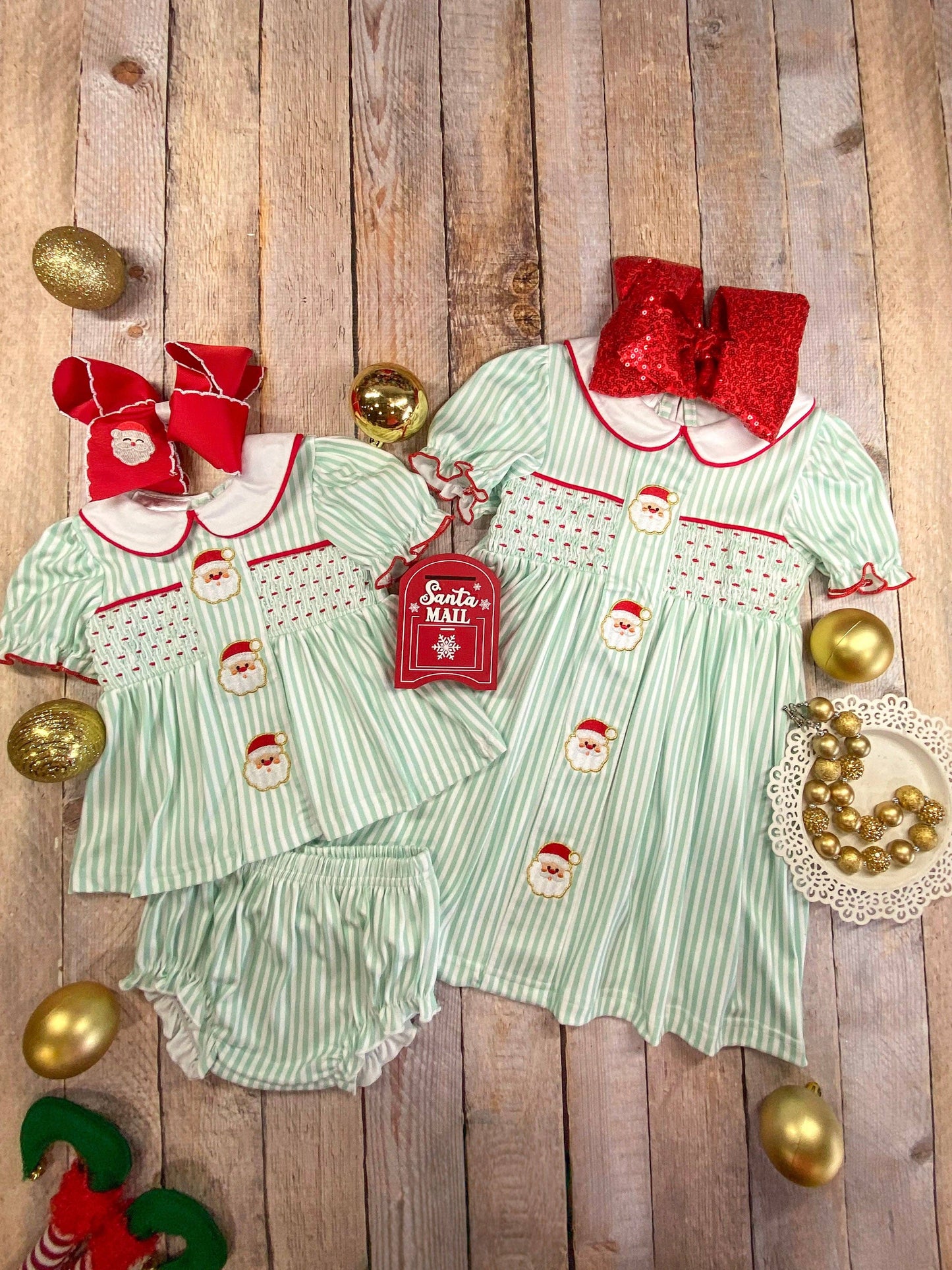 Mint Stripes & Embroidered Santa Smocked Bloomer Set
