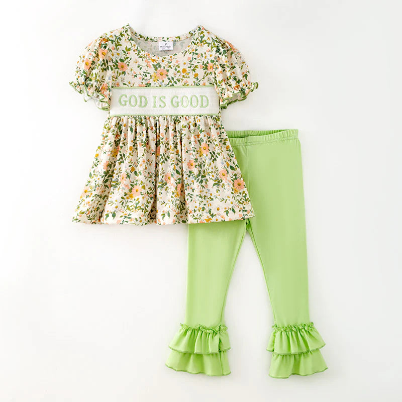 GOD IS GOOD Embroidery Smocked Outfit Set