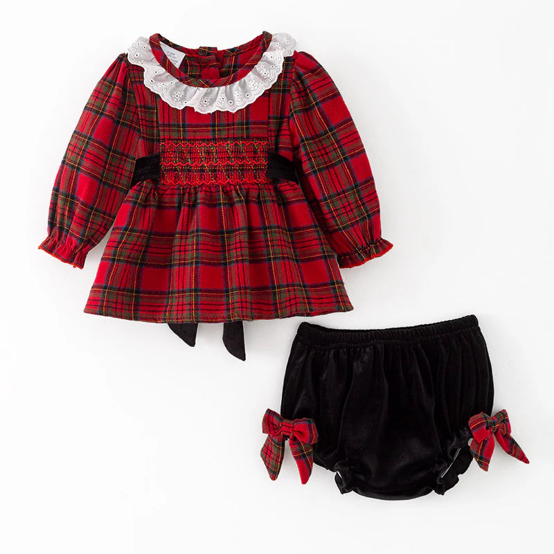 Red Plaid Cotton Smocked Bloomer Set
