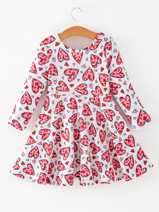Girls Valentine Party Red Heart Print Dress