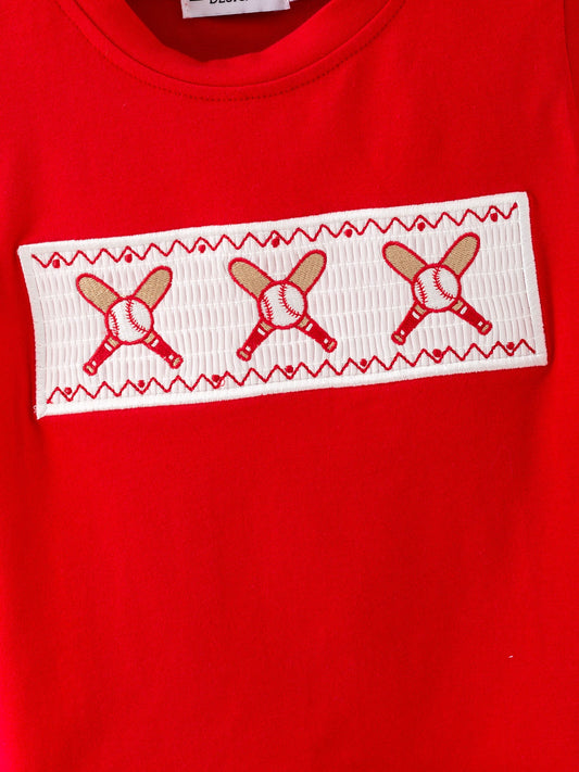 Toddler Boys Red Baseball Smocked Tee and Blue Plaid Shorts Set
