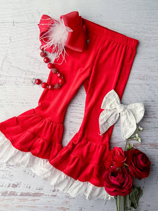Red Lace Trimmed Velvet Leggings