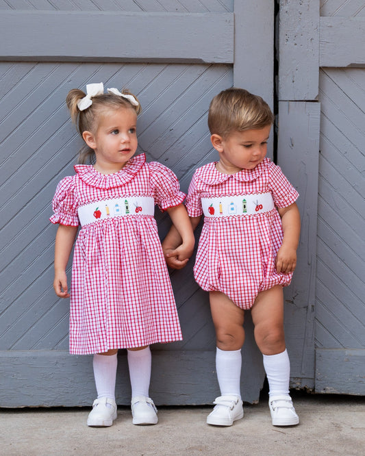 School Supplies Smocked Red Windowpane Boy Bubble