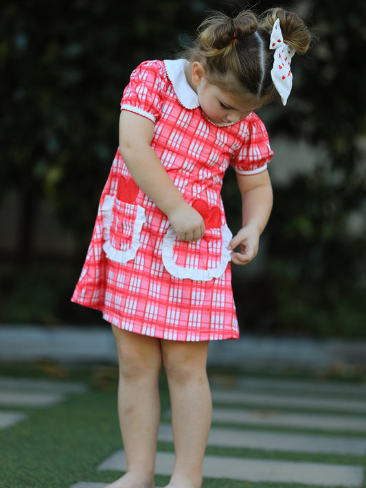 Valentine's Day Plaid Pocket Girls Short Sleeves Dress