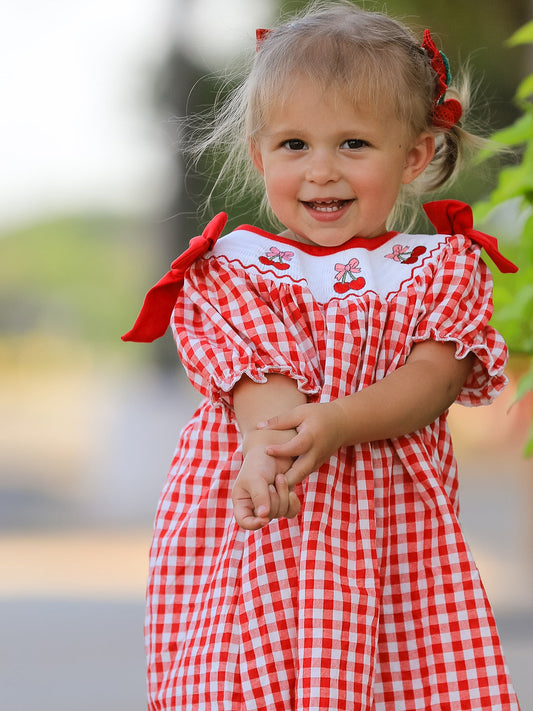 Red Cherry Bow Plaid Smocking Embroidery Girls' Dress