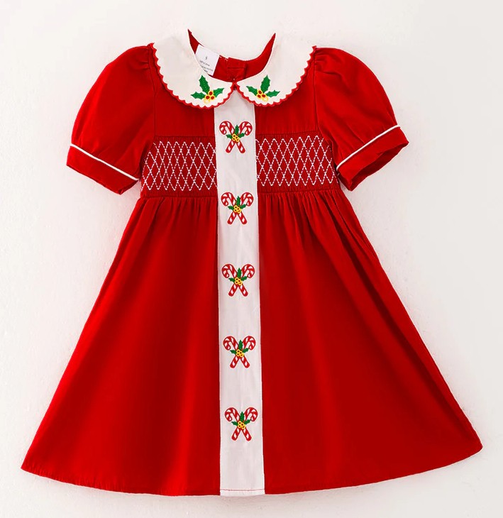 Candy Cane Embroidery Smocked dress