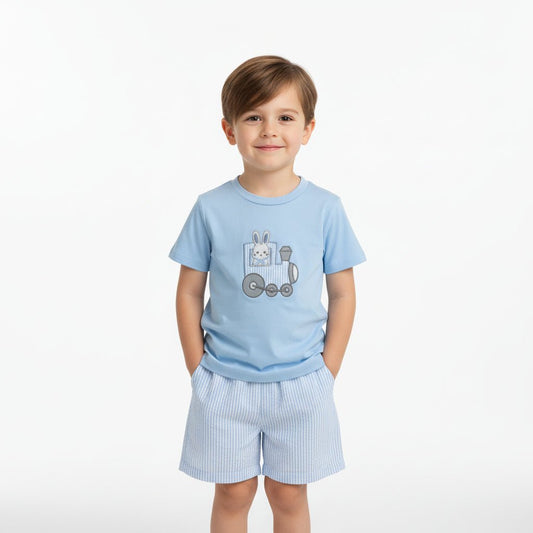Blue Train T-Shirt and Seersucker Shorts Set