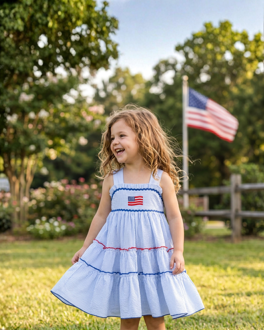 Blue Seersucker USA Flag Layered Sundress