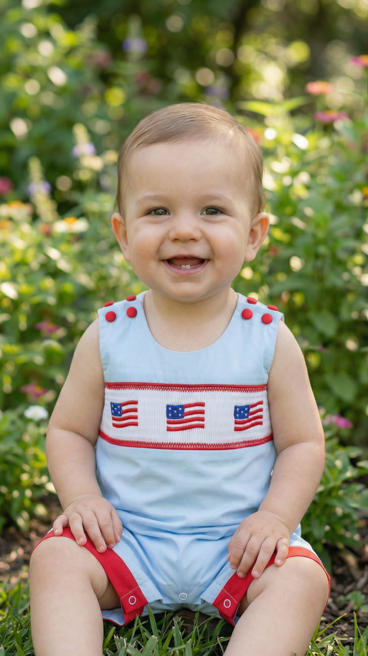 Blue USA Flag Smocked Shortalls