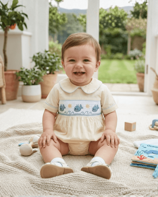 Buttercream Yellow Whale Smocked Collared Romper