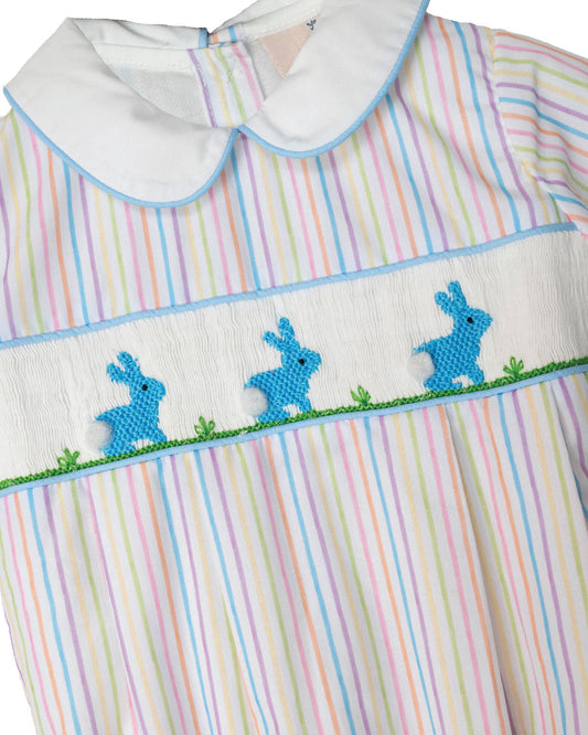 Bunnies Smocked Colorful Stripes Bubble In Blue