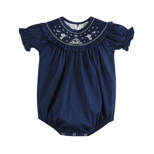 Blue Nativity Smocked Ruffle Romper