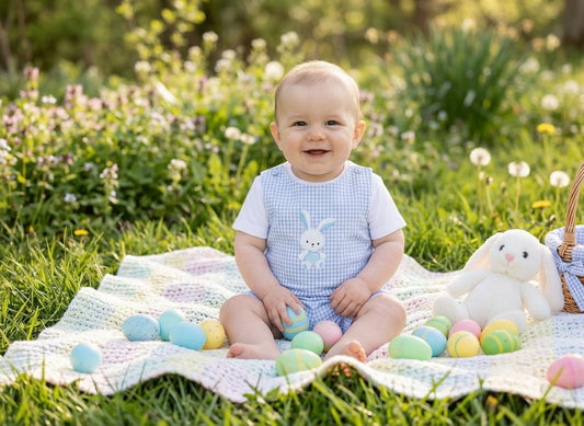 Light Blue Gingham Bunny Applique Shortalls