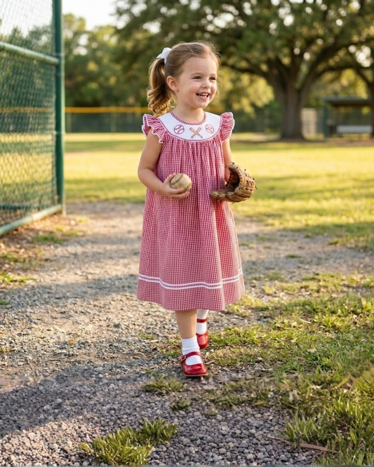Red Gingham Baseball Smocked Bishop Dress