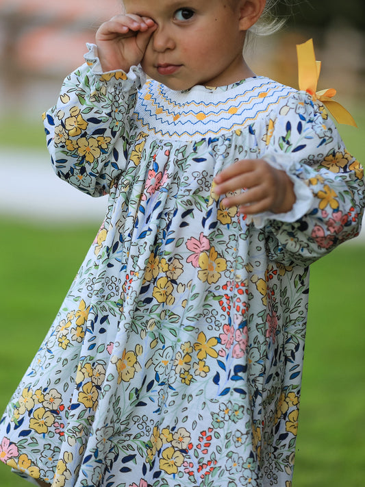 Smocking Bow Floral Leaf Baby Girls Dress
