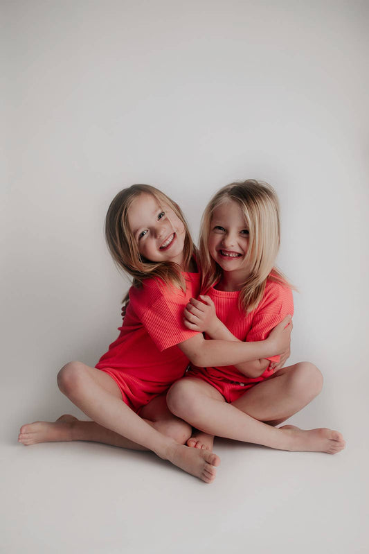 Hot Neon Coral Summer Waffle Toddler Top & Bottom Set