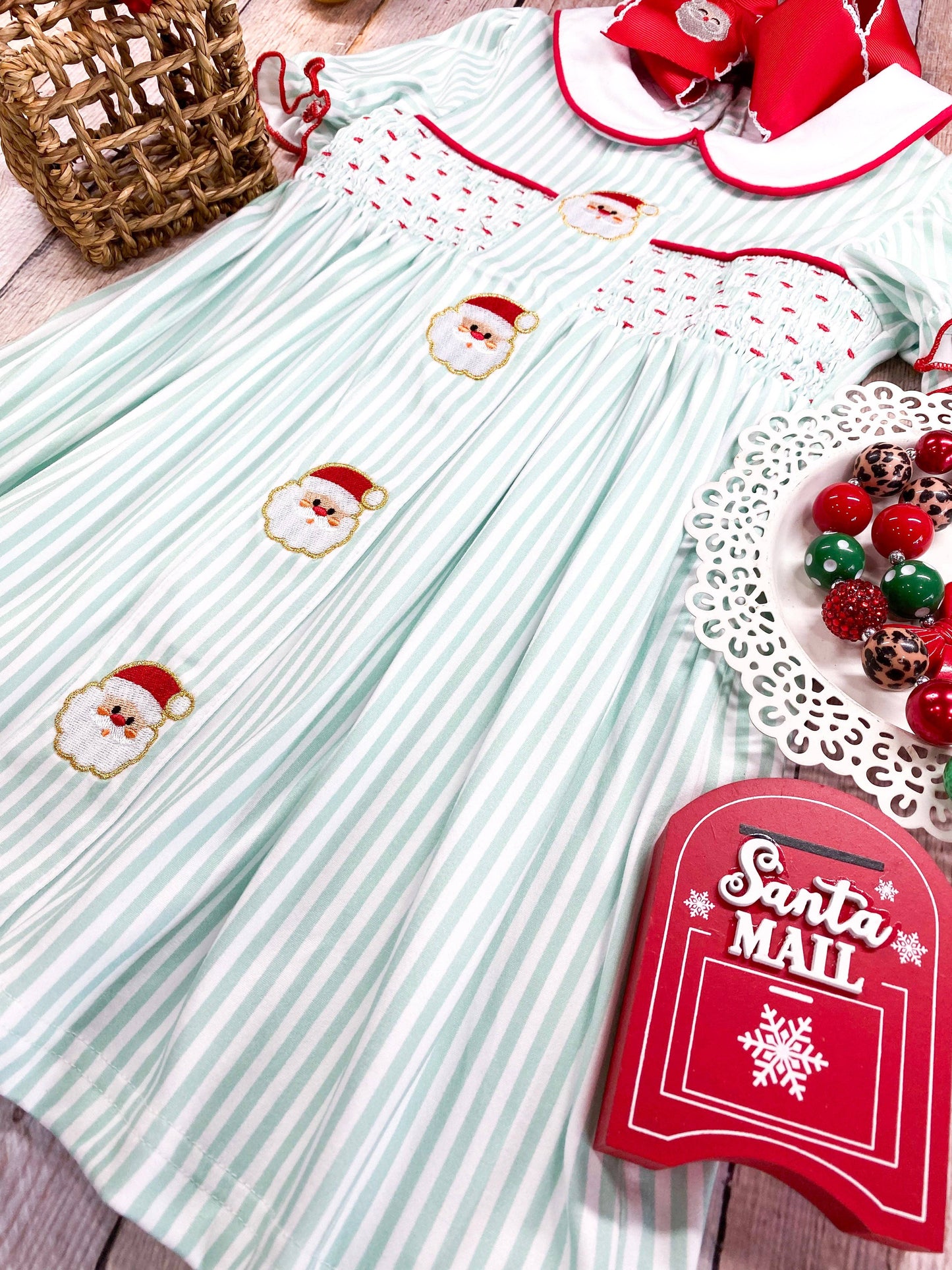 Mint Stripes & Embroidered Santas Smocked Dress