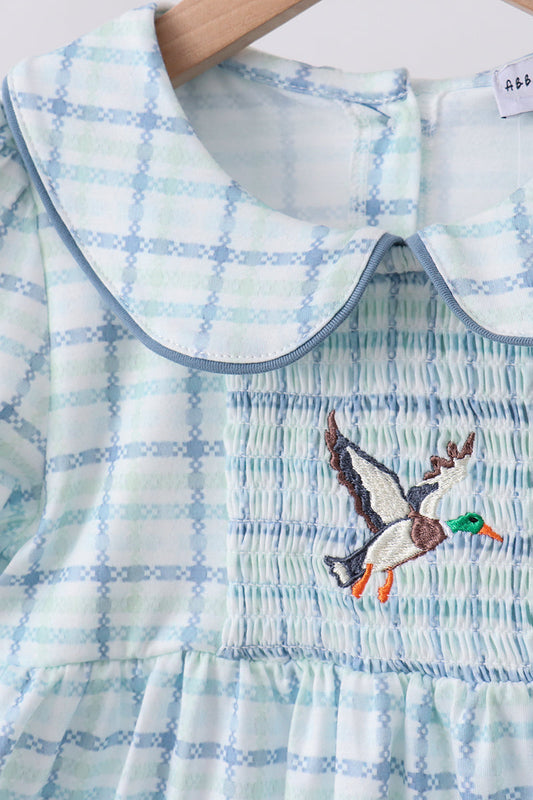 Blue plaid duck smocked ruffle shorts set