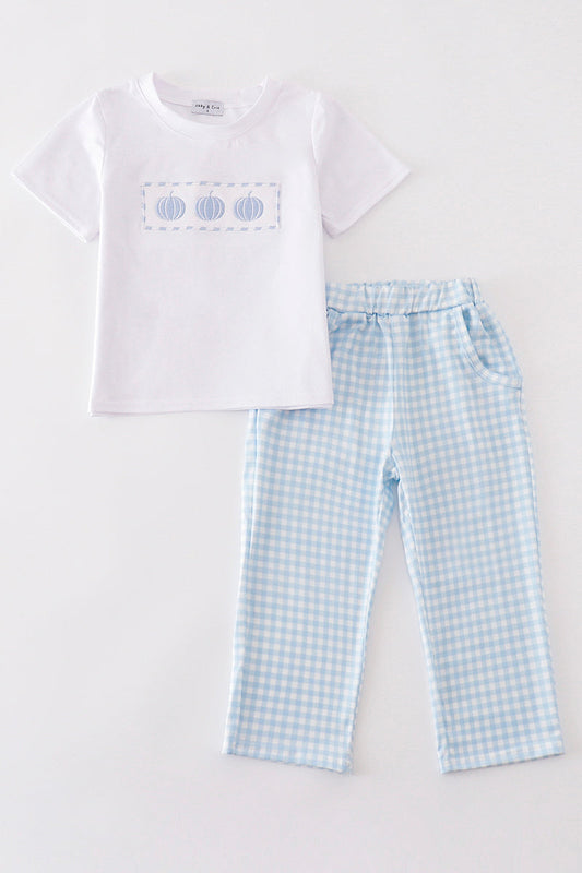 Blue pumpkin embroidery plaid set