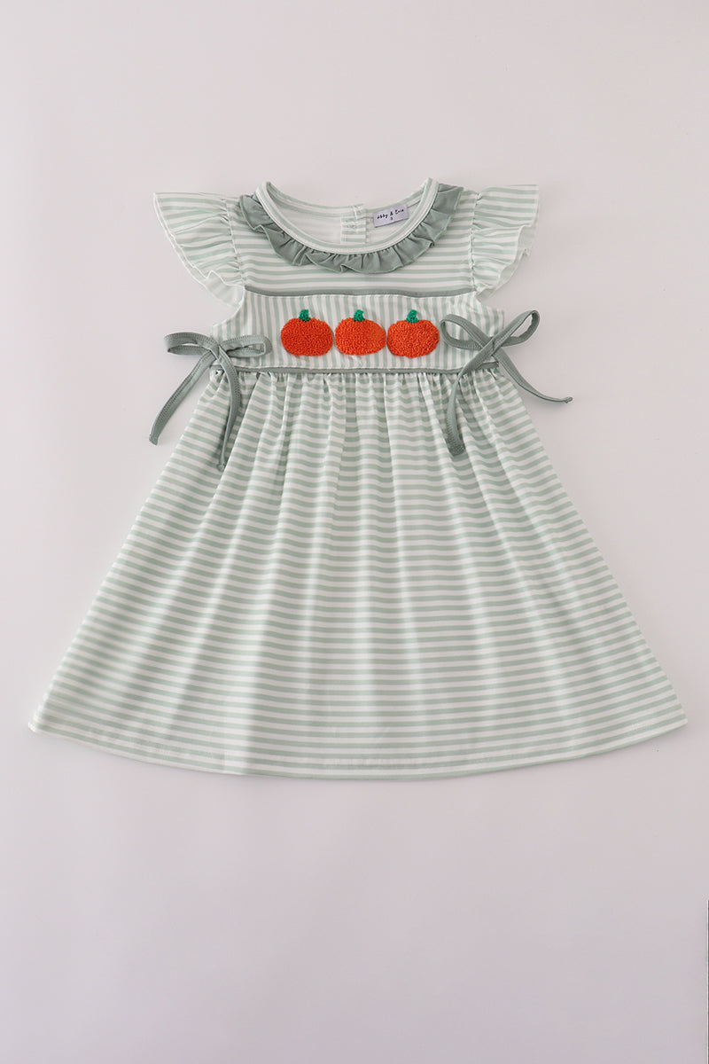 Sage stripe french knot ruffle dress