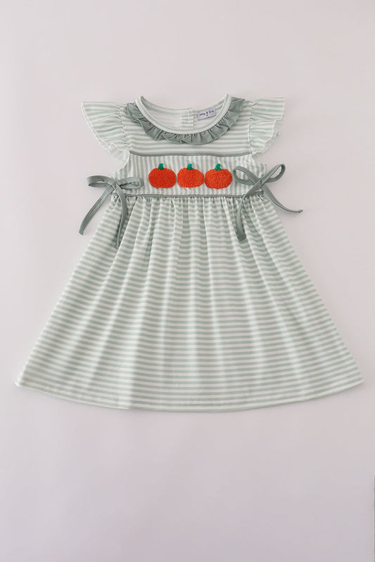 Sage stripe french knot ruffle dress