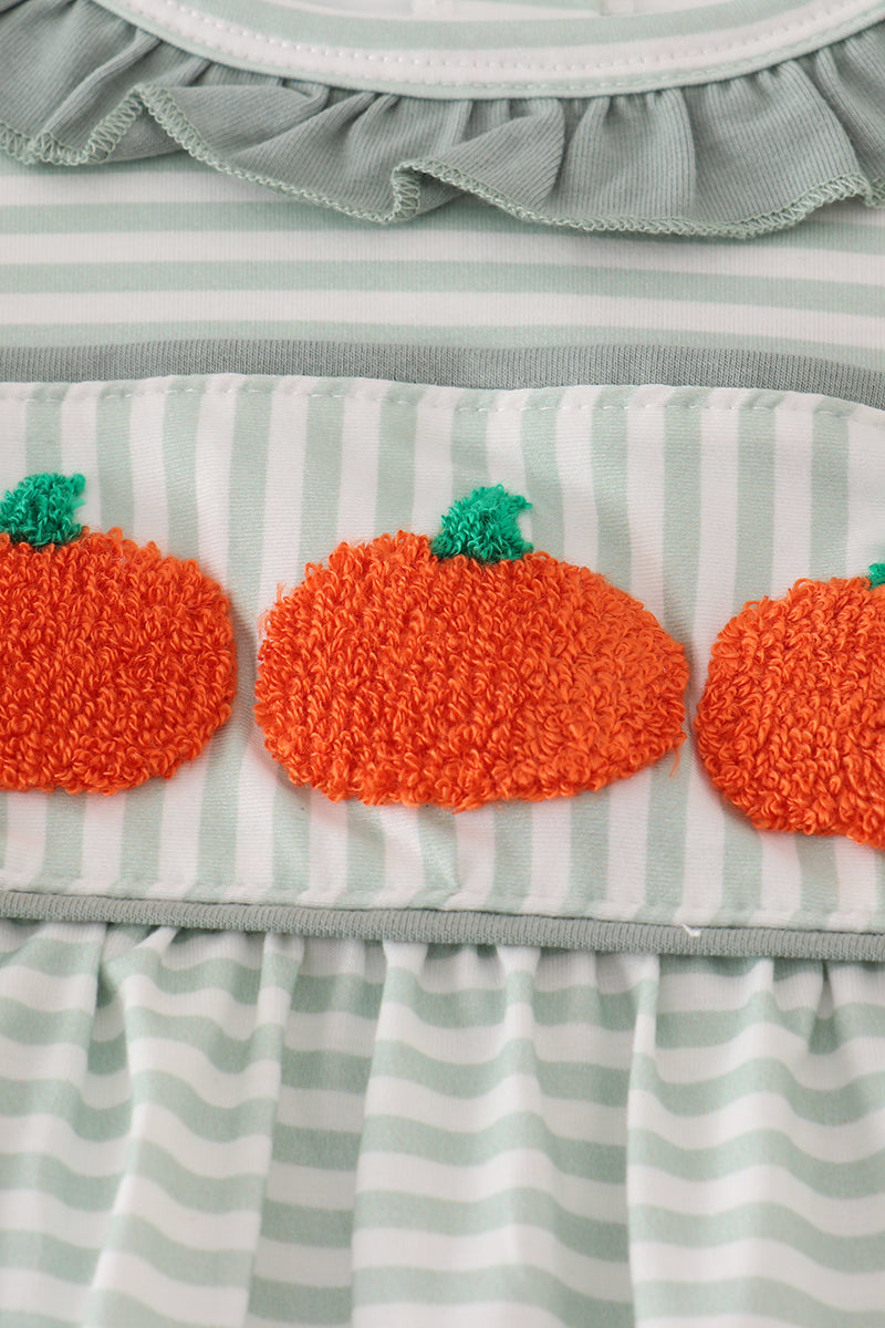 Sage stripe french knot ruffle dress